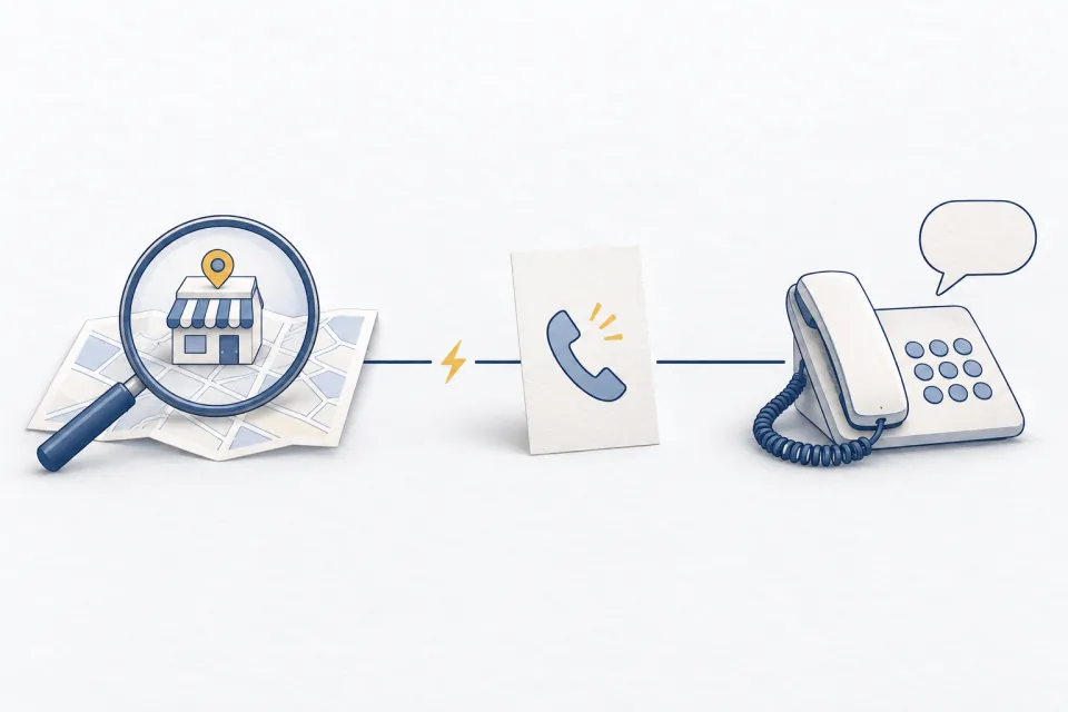An enquiry path from local discovery through contact details to a telephone conversation