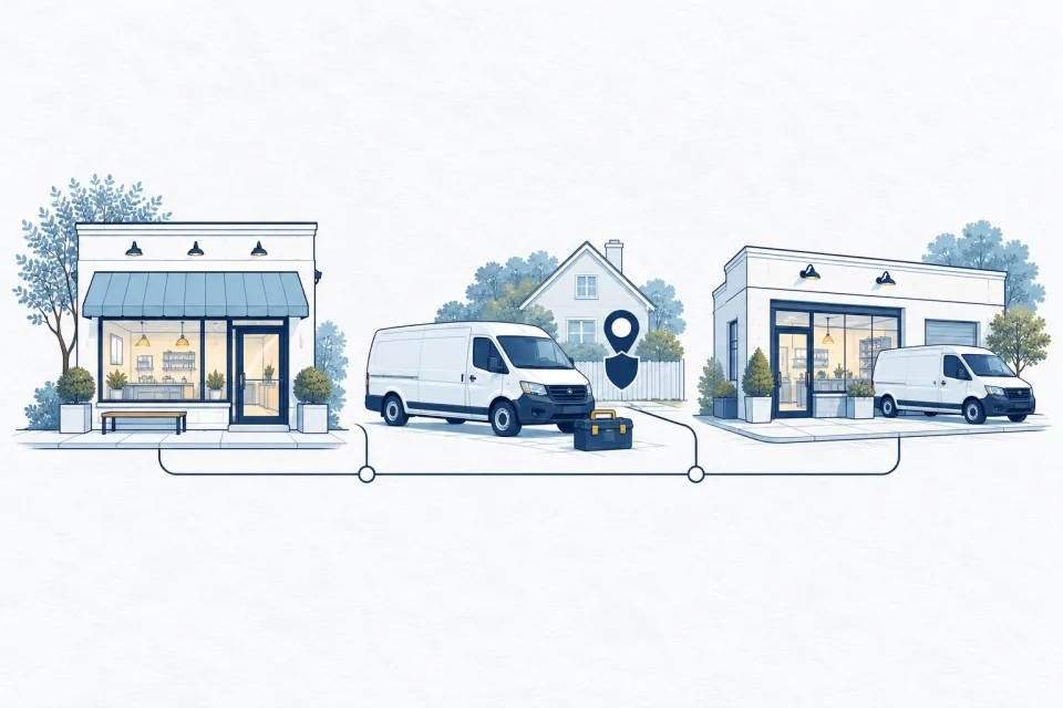Storefront, mobile service and hybrid business arrangements illustrated side by side